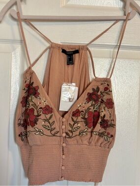 NWT Forever 21 Floral Embroidered Crop Top Smocked Button Front Halter Camisole